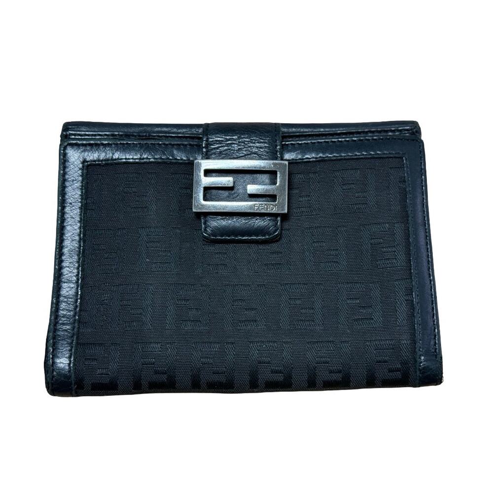 Authentic FENDI Black Ribbon Zucca FF Canvas Wallet Black Leather Italy | COA